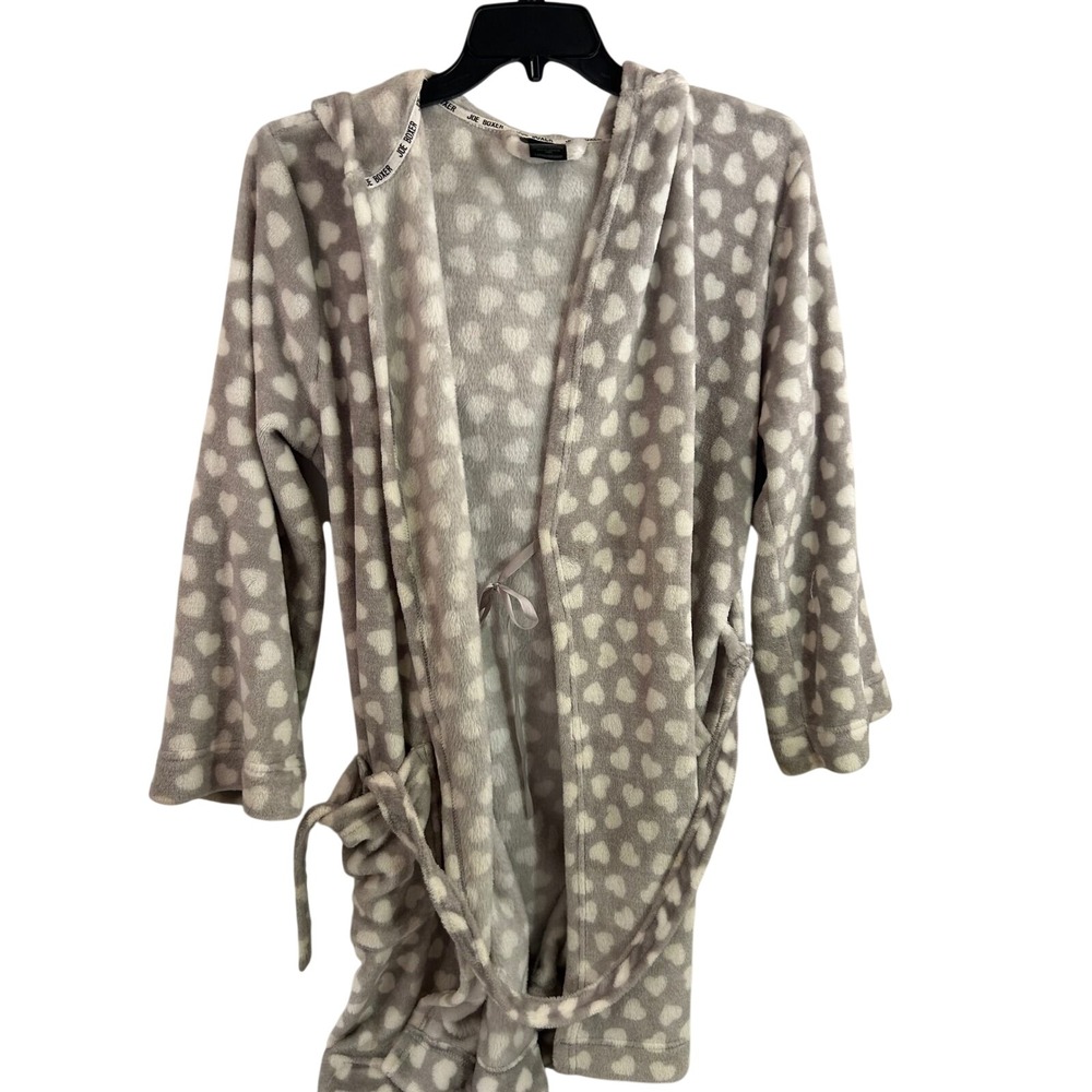 Joe Boxer Hooded Fleece Robe Large Grey Heart Print Plush Loungewear Womens